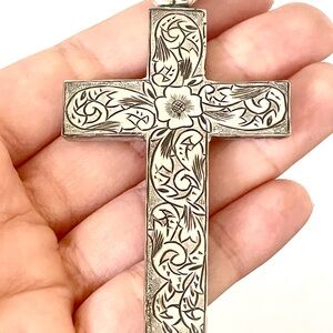 VTG Large Sterling Silver 925 Cross Pendant Religious Jewelry Unisex Handmade